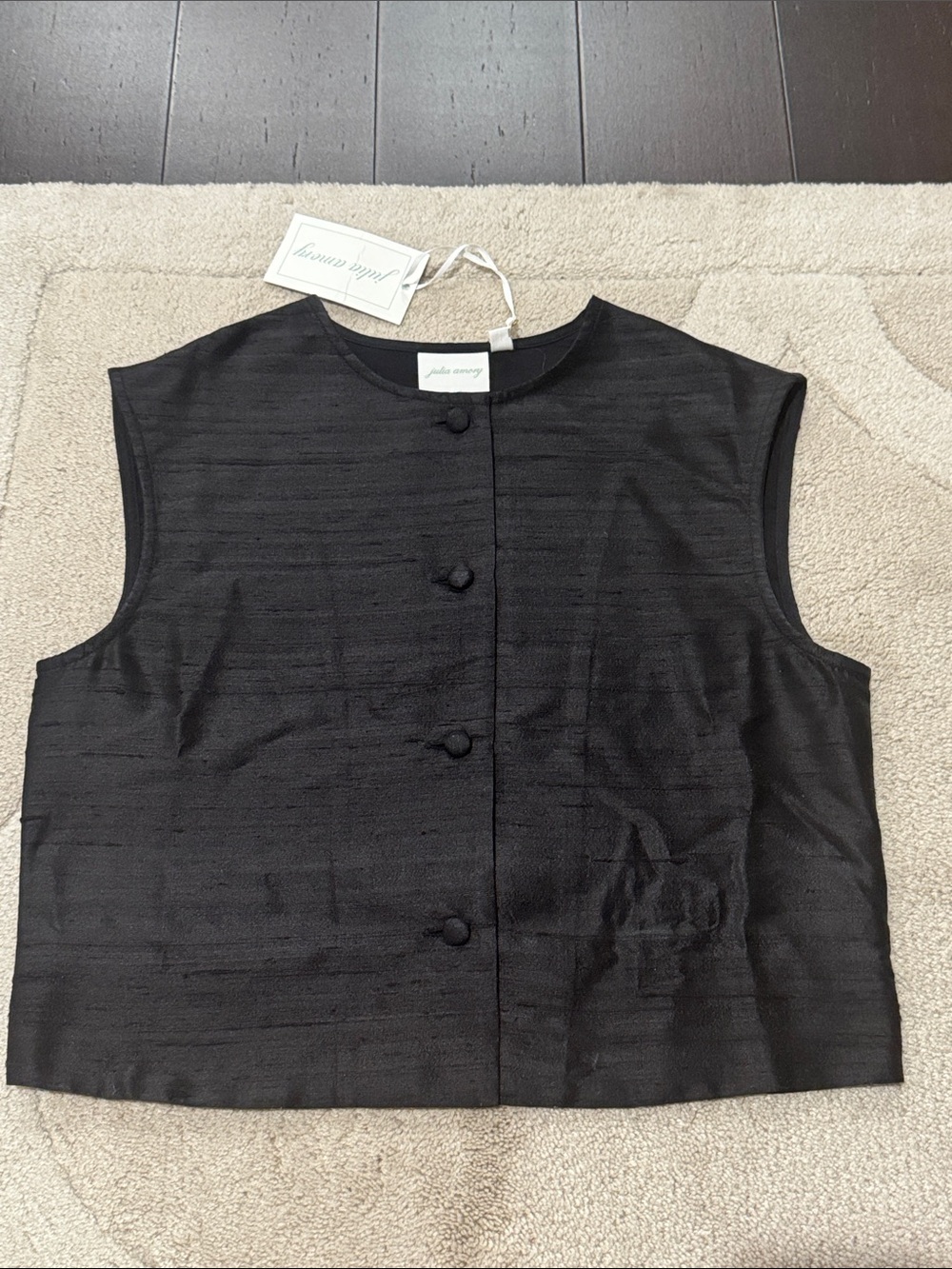 Julia Amory Dupioni Silk Black Sleeveless Button-Front Top